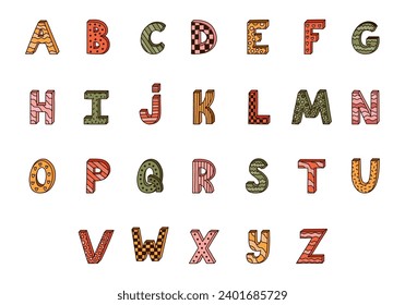 Cute funky 3d alphabet set with contrast outline and memphis decoration. Patterned bold font with shadow. Funny latin ABC with uppercase letters for book cover, logo, festival headline, greeting card.