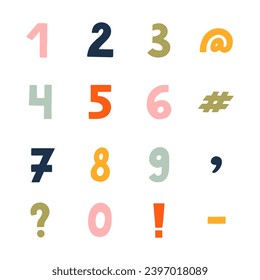 Cute funky 3d number set. Chunky bold symbols with comma, exclamation and question mark, dash, hashtag. Funny numbers and punctuation marks for book cover, logotype, design, poster, greeting card