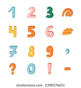 Cute funky 3d number set with volume. Chunky bold symbols with shadow. Funny numbers and punctuation marks for book cover, logotype, design template, poster, banner, greeting card.