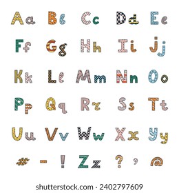 Cute funky alphabet set with contrast outline and memphis. Patterned bold font with comma, question, exclamation, hashtag. Funny latin ABC with uppercase and lowercase letters, punctuation mark