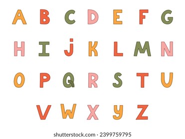 Cute funky alphabet set with hand drawn outline. Simple bold font. Funny latin ABC with uppercase letters for book cover, headline, greeting card. Typography for retro design and logo