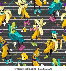 Cute and funky bananas seamless pattern on the dark background. Character art