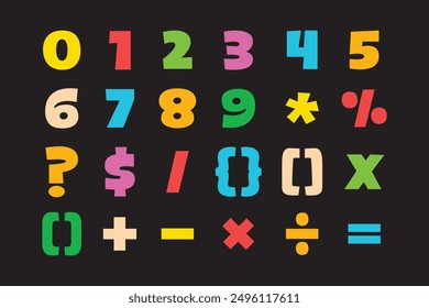 Números aislados coloridos lindos funky y los iconos de los signos de las matemáticas fijan el elemento de diseño en el fondo negro