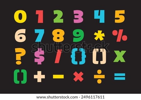 Cute funky colorful isolated numbers and math signs icons set design element on black background