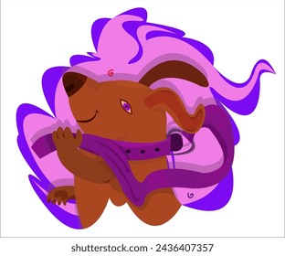 A cute, funky dog, who holds his own leash; vintage, bright background. This cartoon illustration can be used as a logotype for zoo shops, zoo stores, veterinary, training centers. Vector, isolated.