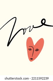 Cute funky doodle heart face emoji, vector Valentines clipart fancy fashion character, groovy grunge modern abstract style illustration. Perfect for poster, placard, leaflet, party decor.