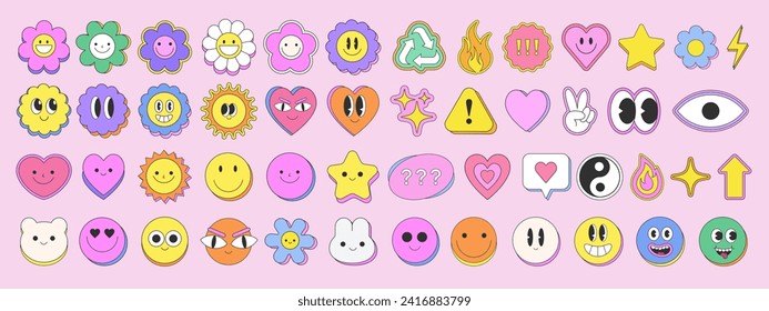 Personajes Divertidos De Emoticon Funky. La moderna sonrisa Y2k Smile Emoji Stickers. Groovy Happy Faces Faces Vector Elements.