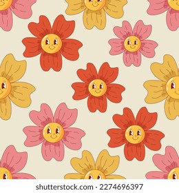 Cute funky flowers seamless pattern. Groovy retro floral characters background with funny blossoms faces. Repeat vector illustration