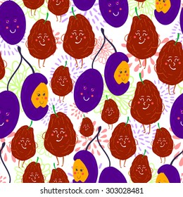 Cute and funky fruit pattern. Velvet tamarind and ziziphus seamless background.