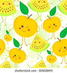 Cute and funky fruit pattern. Xigua watermelon and yellow plum seamless background.