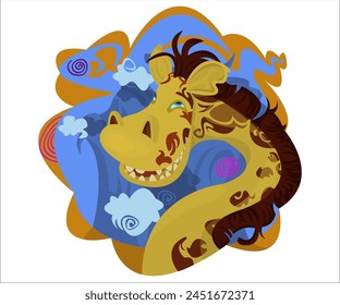 A cute, funky giraffe on a mountain romantic, vintage background. This cartoon illustration can be used as a logotype for zoo shops, veterinary, tourist groups and safari clubs. Vector, isolated.