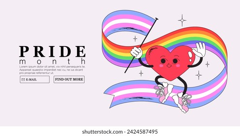 Cute funky groovy kewpies character with rainbow lgbtq and transgender flag celebrate pride month or day vector flat illustration. LGBTQ social media banner or post template, greeting card background.