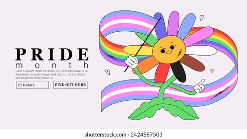 Cute funky groovy kewpies character with rainbow lgbtq and transgender flag celebrate pride month or day vector flat illustration. LGBTQ social media banner or post template, greeting card.