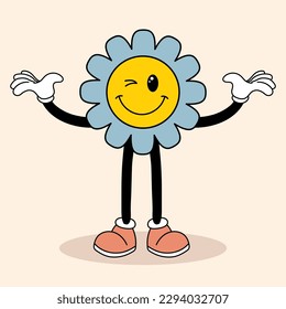 Cute funky hippie flower. Retro 70s atmosphere, psychedelic groove element. Illustration in cartoon style, vector