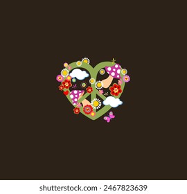 Cute funky hippy sticker or t shirt print with hippie peace symbol in heart shape with lilac fly agaric, red poppies and white daisy on dark background