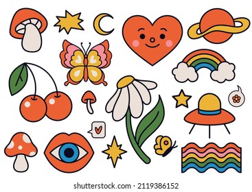 Cute funky hippy stickers. Retro 70s vibe, psychedelic groovy elements as mushroom, flower, rainbow and ufo spaceship. Cartoon vintage butterfly, cherry and heart isolated vector set