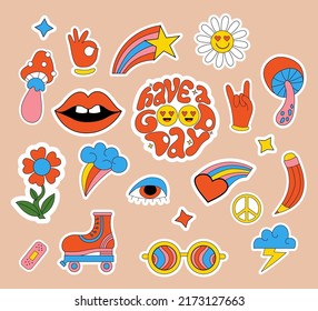 Lindos y divertidos stickers. Conjunto retro de elementos groovys estilo años 70. Letras motivacionales Que tengan un buen día. Estilo hippy vintage vectorial clipart, hongos funky de caricatura, poder floral, patines de rodillos