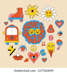 Lindos y divertidos stickers. Conjunto retro de elementos groovys estilo años 70. Leer eslóganes motivacionales Que tengan un buen día. Estilo hippy vintage vectorial clipart, hongos funky de dibujos animados, flor, patines de rodillos