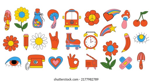 Cute Funky Hippy Stickers. Retro Big Set 70s 80s Style Psychedelic Groovy Elements. Vector Clipart Vintage Hippy Style, Cartoon Funky Mushroos And Flower, Roller-skates, Bus, Retro Phone And Patch