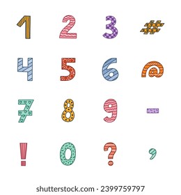 Cute funky number set with memphis decoration and contrast outline. Chunky bold symbols of question, comma, dash. Funny numbers and punctuation marks for cover, poster, banner, greeting card.