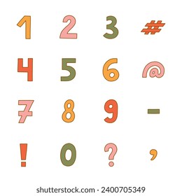 Cute funky number set with outline. Chunky bold symbols of question, comma, dash. Funny numbers and punctuation marks for cover, poster, banner, greeting card. Digits for retro design and logo.