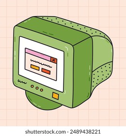 Cute funky retro computer with CRT monitor from 90s and 00s. Colorful outline old PC machine as badge of 1990s. Nostalgia for vintage and Y2k aesthetic, vibes. Hand drawn clipart isolated on white.