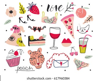 Cute and funky set of elements for girls. Vector illustration.