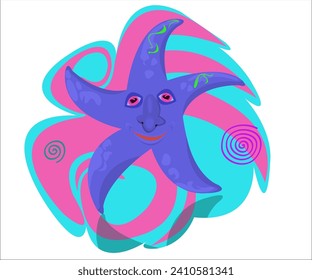 A cute, funky, smiling starfish, who dances on romantic, disco background. This cartoon illustration can be used as a logotype for creative groups; zoo, aquarium shops, veterinary. Vector, isolated.