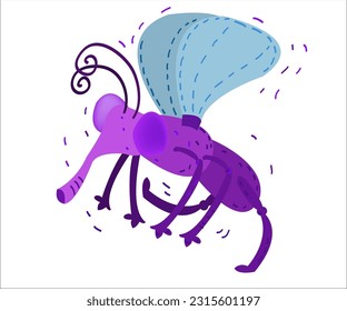 A cute, funky violet fly, who flies and dances. This cartoon comic illustration can be used as a logotype for insect's companies and shops, zoo and creative organizations. Vector, isolated.