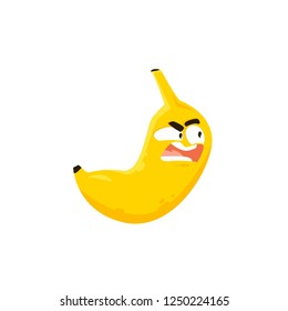 Cute, funnt and angry flying character of banana, vector flat cartoon illustration