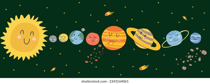 cute and funnt solar system with comets and asteroid belts