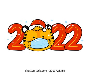 Cute funny 2022 New Year symbol tiger in christmas cap and mask. Vector cartoon kawaii character illustration icon. Isolated on white background. Tiger symbol of New Year 2022 character concept
