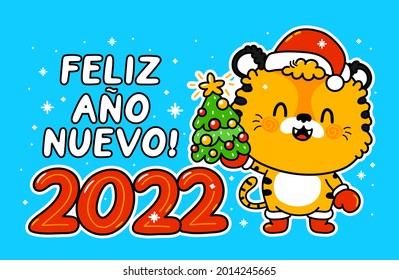 Cute funny 2022 New Year symbol tiger in christmas cap character. Feliz ano nuevo (Happy new year on spanish). Vector cartoon kawaii character illustration icon. Tiger symbol of 2022 character concept