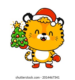 Cute funny 2022 New Year symbol tiger in christmas cap character. Vector cartoon kawaii character illustration icon. Isolated on white background. Tiger symbol of New Year 2022 character concept
