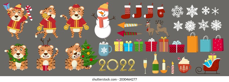 Cute funny 2022 New Year symbol tiger. Vector cartoon kawaii character illustration icon. Happy Chinese new year greeting card 2022 with cute tiger. Animal holidays cartoon character.