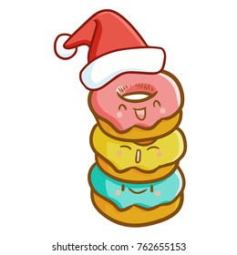 Cute and funny 3 donuts wearing Santa's hat for Christmas and smiling - vector.