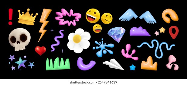 Nette und lustige 3D-Cartoon-Objekte und Formen. Set von bunten 3D-Elementen, lustige Elemente - Schädel, Emoji, Gänseblümchen, Diamant, abstrakte Linien, Locken, Herz, Sterne und andere. Vektorgrafiksatz