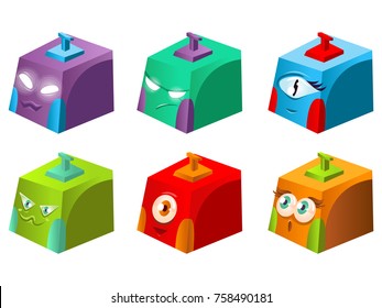 Cute funny 3D cubes with happy faces and big eyes. Colorful detailed geometrical illustration for kids. Can use for game characters or original concept. There is good and bad guys.