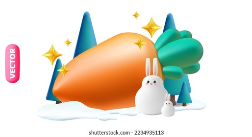 Cute and funny 3d volumetric vector bunny family with a giant carrot in the snow and tries background. Isolated on white