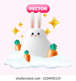 Cute and funny 3d volumetric vector bunny with many carrots in the snow. Isolated concept illustration