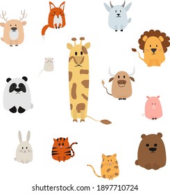 Cute funny abstract bundle of animals for children. Vector wild and farms animals 