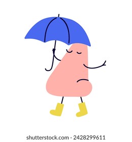 Cute funny abstract character walking with umbrella in hand. Comic fun fluid shape in rubber boots, strolling in rain weather, rainy season. Flat vector illustration isolated on white background