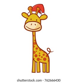 Cute and funny abstract giraffe wearing Santa's hat for Christmas and smiling - vector.