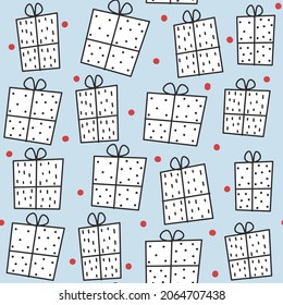 cute funny abstract hand drawn christmas seamless vector pattern illustration with decorated gift box and red snowflakes on baby blue background