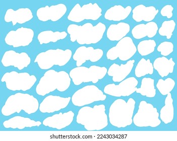 Cute and funny abstract white cloudy set on blue background. Vector illustration.