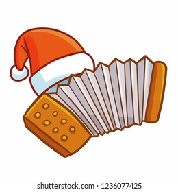 Cute and funny accordion wearing Santa's hat for christmas musical performance - vector