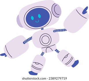 Cute funny active robot retro AI machine character. Positive happy robotic technology with face vector illustration isolated on white background
