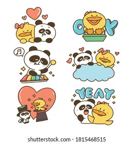 Cute Funny Adorable Duck and Panda Kid Doodle Vector Illustration Sticker Collection 1. Best for Digital Sticker, Project, Asset, Print.