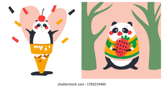 Cute and funny adventures of a Panda. Vector illustration for prints, children's books or on fabric.