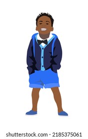 Cute funny african american kid boy in stylish fashion clothes with backpack. Happy smiling elementary school or kindergarten pupil cartoon character. Vector art realistic illustration. Back to school